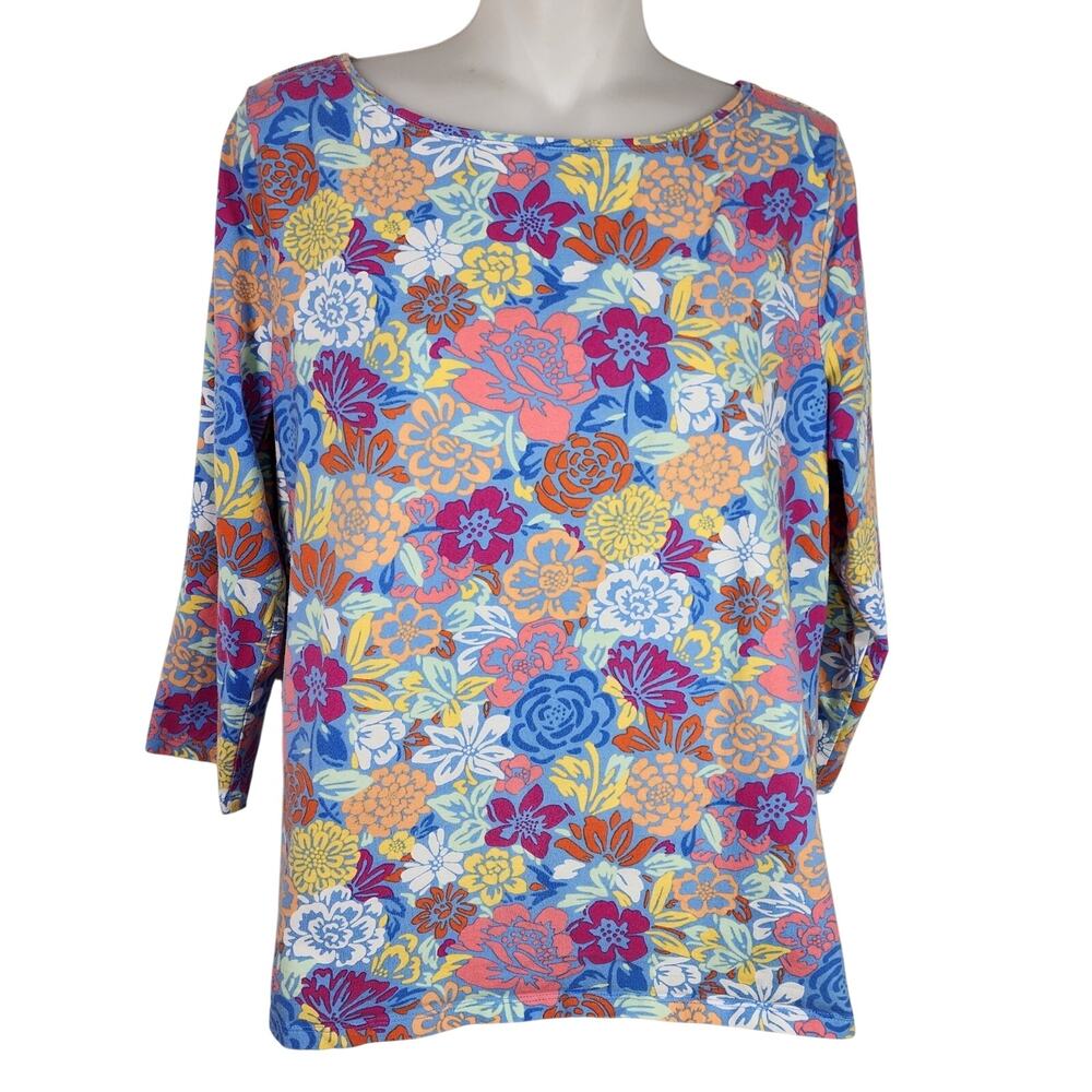 The Talbots Tee Pima Bateau Neck Tee 3/4 Sleeve Blossom Garden Top Large Whimsy